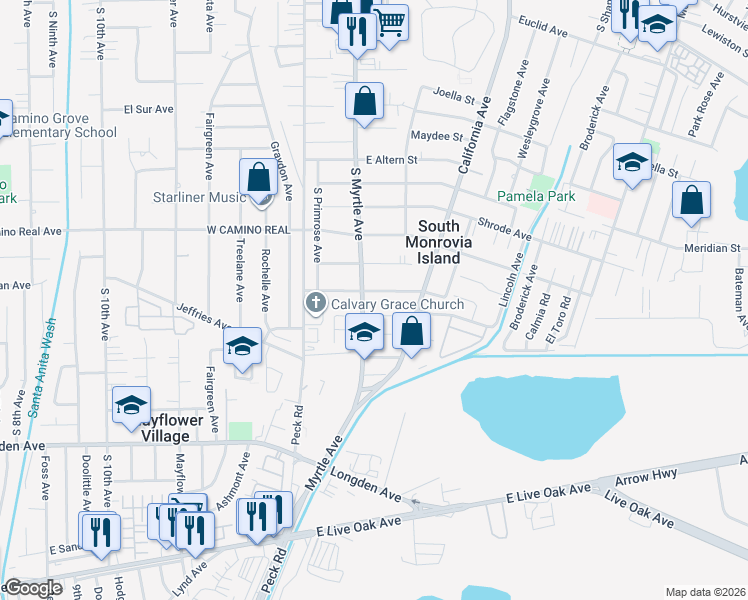 map of restaurants, bars, coffee shops, grocery stores, and more near 208 Brisbane Street in Monrovia