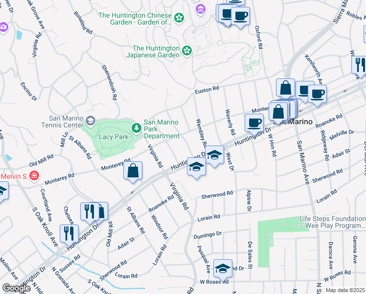 map of restaurants, bars, coffee shops, grocery stores, and more near 1585 Kensington Road in San Marino