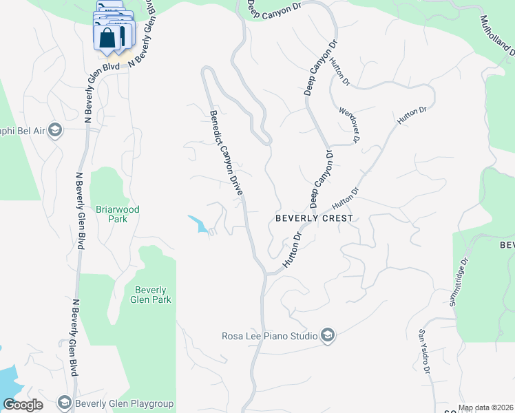 map of restaurants, bars, coffee shops, grocery stores, and more near 2576 Benedict Canyon Drive in Beverly Hills