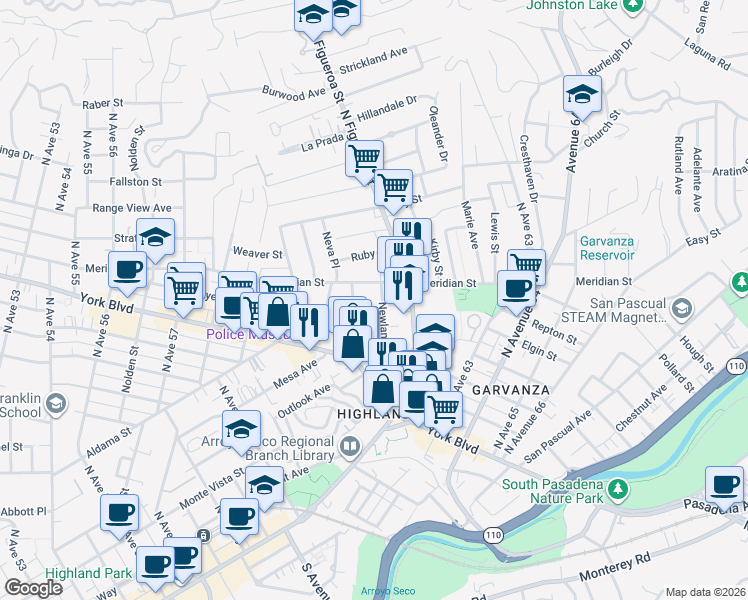 map of restaurants, bars, coffee shops, grocery stores, and more near 339 Newland Street in Los Angeles