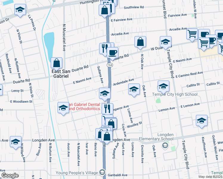 map of restaurants, bars, coffee shops, grocery stores, and more near 6644 Rosemead Boulevard in San Gabriel