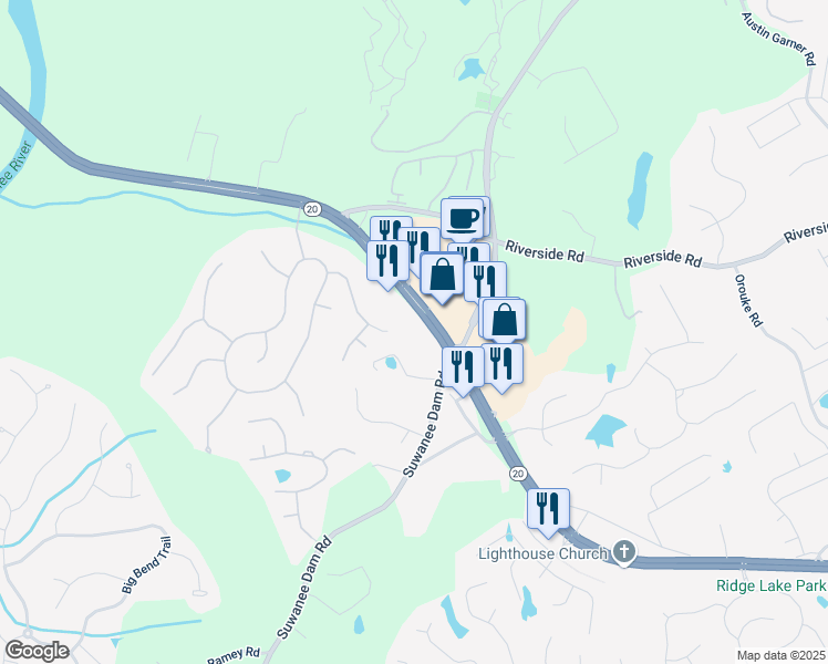 map of restaurants, bars, coffee shops, grocery stores, and more near 5942 Cumming Highway Northeast in Buford