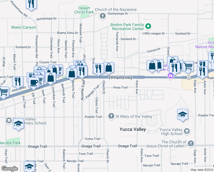 map of restaurants, bars, coffee shops, grocery stores, and more near in Yucca Valley