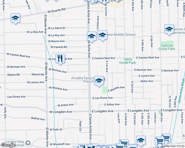 map of restaurants, bars, coffee shops, grocery stores, and more near 1780 South Santa Anita Avenue in Arcadia
