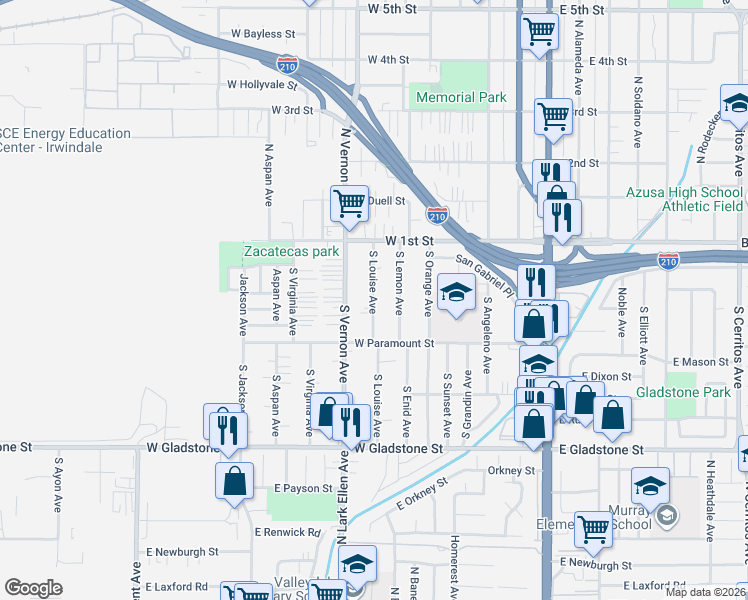 map of restaurants, bars, coffee shops, grocery stores, and more near 224 South Louise Avenue in Azusa