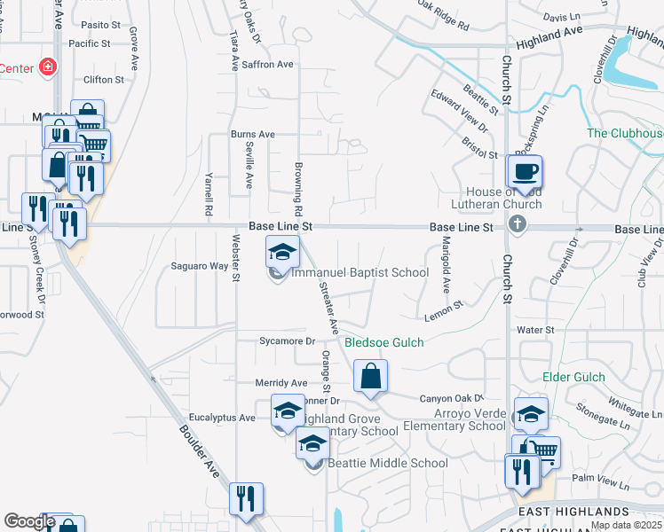 map of restaurants, bars, coffee shops, grocery stores, and more near 7388 Railroad Court in Highland