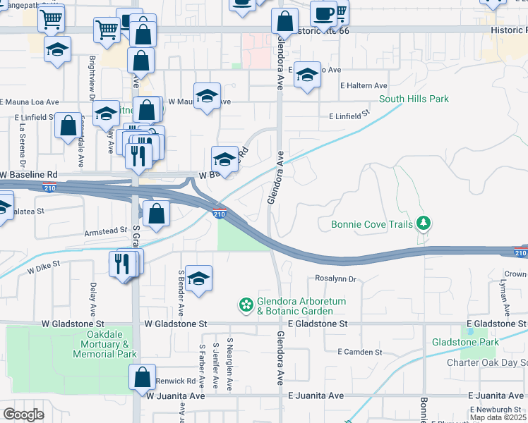 map of restaurants, bars, coffee shops, grocery stores, and more near 1030 South Danehurst Avenue in Glendora