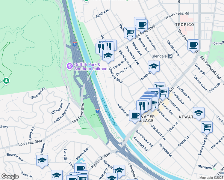 map of restaurants, bars, coffee shops, grocery stores, and more near 3812 Valleybrink Road in Los Angeles