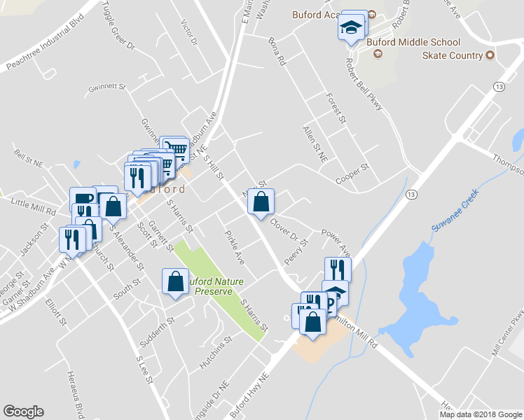 map of restaurants, bars, coffee shops, grocery stores, and more near 415 William Street in Buford