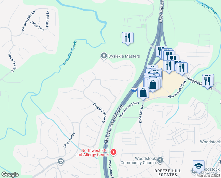 map of restaurants, bars, coffee shops, grocery stores, and more near 800 Crow View Court in Woodstock