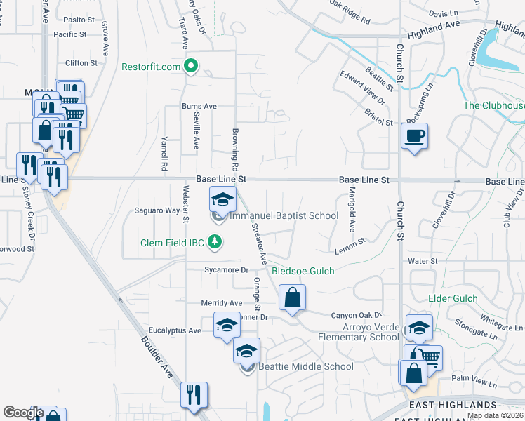 map of restaurants, bars, coffee shops, grocery stores, and more near 7388 Railroad Court in Highland