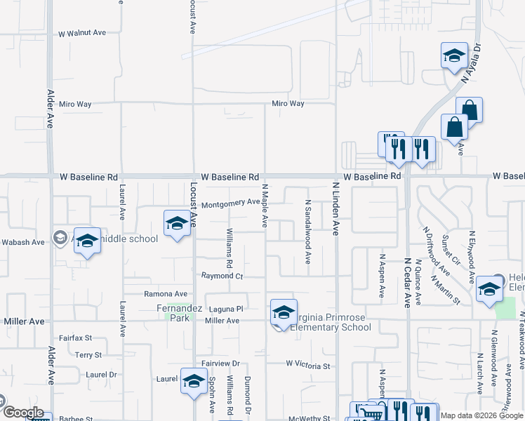 map of restaurants, bars, coffee shops, grocery stores, and more near in Fontana