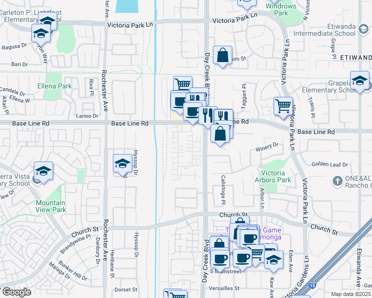 map of restaurants, bars, coffee shops, grocery stores, and more near 7402 Palazzo Place in Rancho Cucamonga