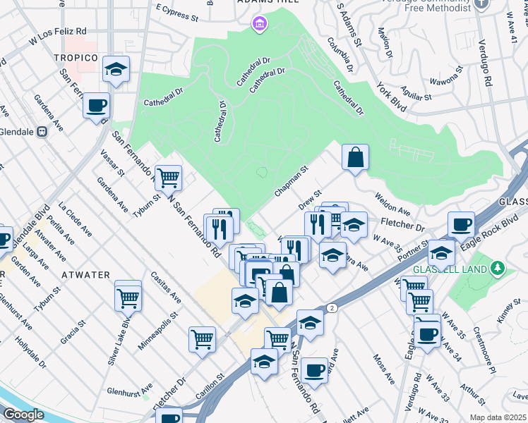 map of restaurants, bars, coffee shops, grocery stores, and more near 3245 West Avenue 32 in Los Angeles
