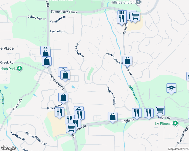 map of restaurants, bars, coffee shops, grocery stores, and more near 2141 Summerchase Drive in Woodstock