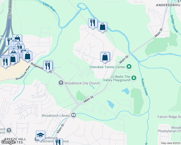 map of restaurants, bars, coffee shops, grocery stores, and more near 1053 Knoxboro Lane in Woodstock