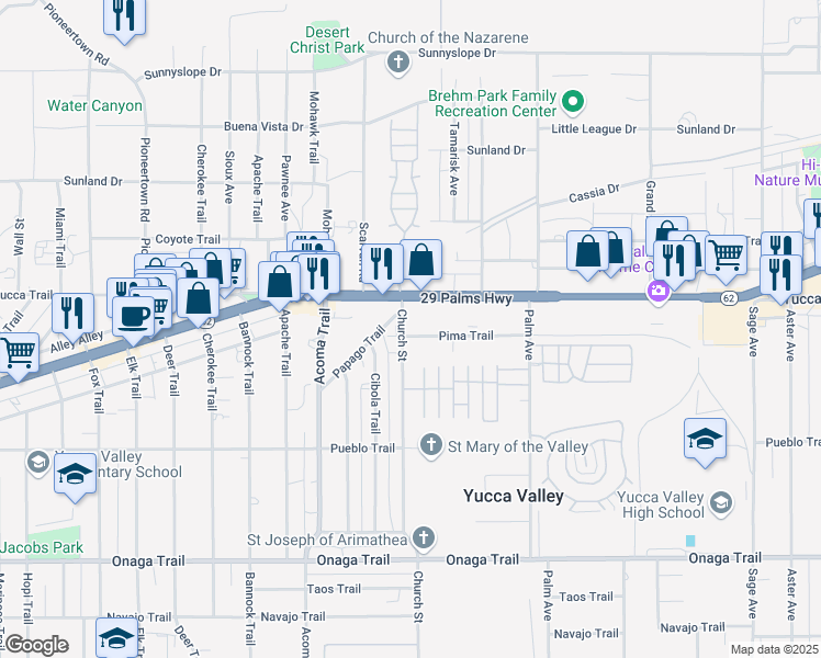 map of restaurants, bars, coffee shops, grocery stores, and more near in Yucca Valley