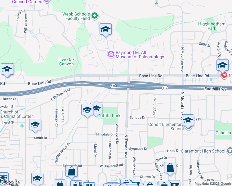 map of restaurants, bars, coffee shops, grocery stores, and more near 631 Gayville Drive in Claremont