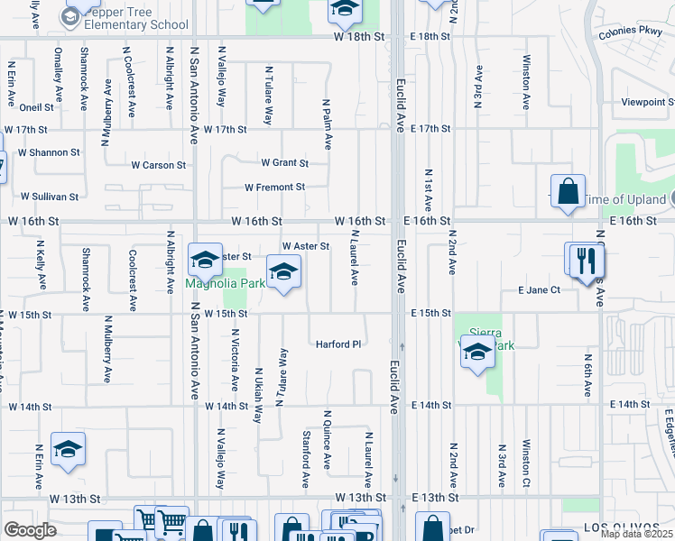 map of restaurants, bars, coffee shops, grocery stores, and more near 1548 North Columbine Way in Upland