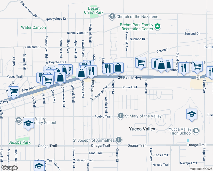 map of restaurants, bars, coffee shops, grocery stores, and more near 7385 Cibola Trail in Yucca Valley