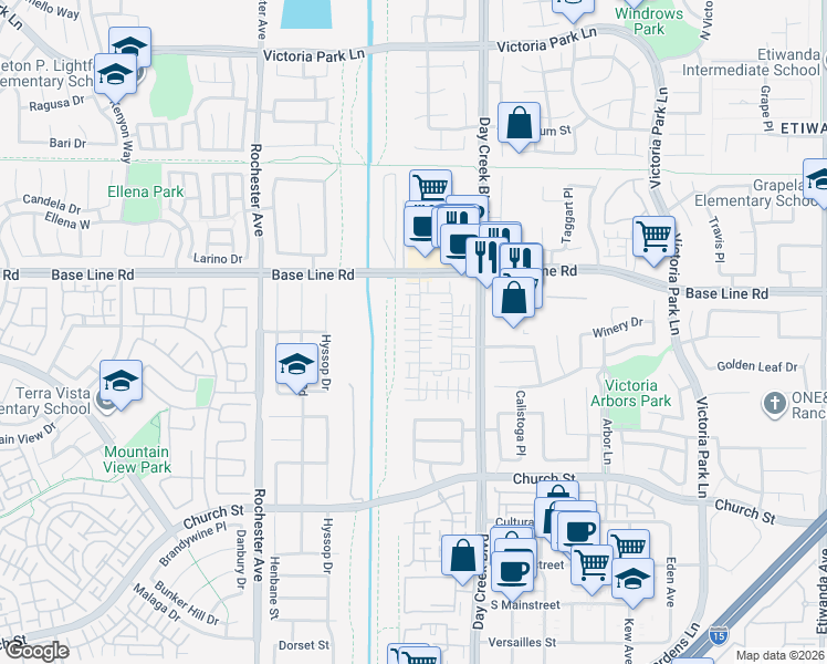 map of restaurants, bars, coffee shops, grocery stores, and more near 7462 Solstice Place in Rancho Cucamonga