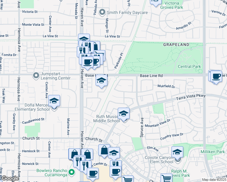 map of restaurants, bars, coffee shops, grocery stores, and more near 10736 Sundance Drive in Rancho Cucamonga