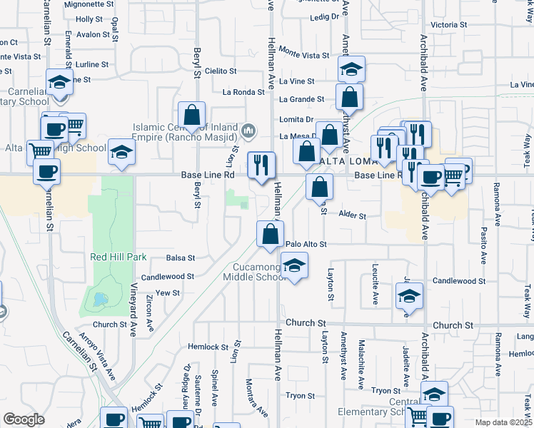 map of restaurants, bars, coffee shops, grocery stores, and more near 7480 Hellman Avenue in Rancho Cucamonga