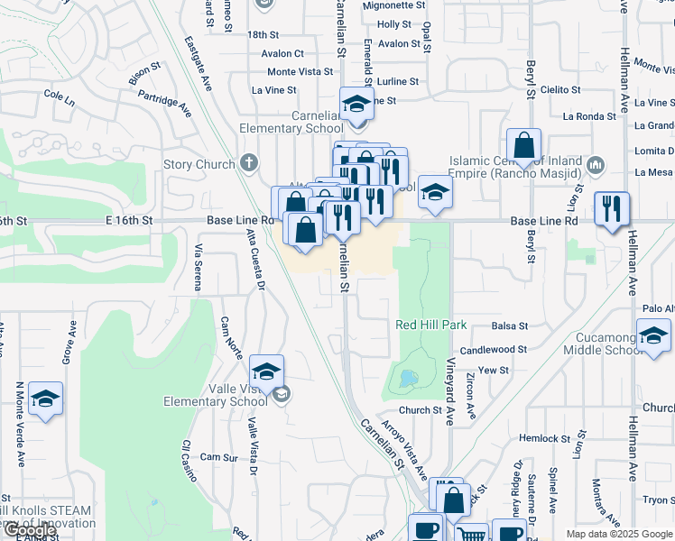 map of restaurants, bars, coffee shops, grocery stores, and more near 7440 Carnelian Street in Rancho Cucamonga