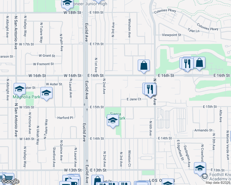 map of restaurants, bars, coffee shops, grocery stores, and more near 1529 North 3rd Avenue in Upland