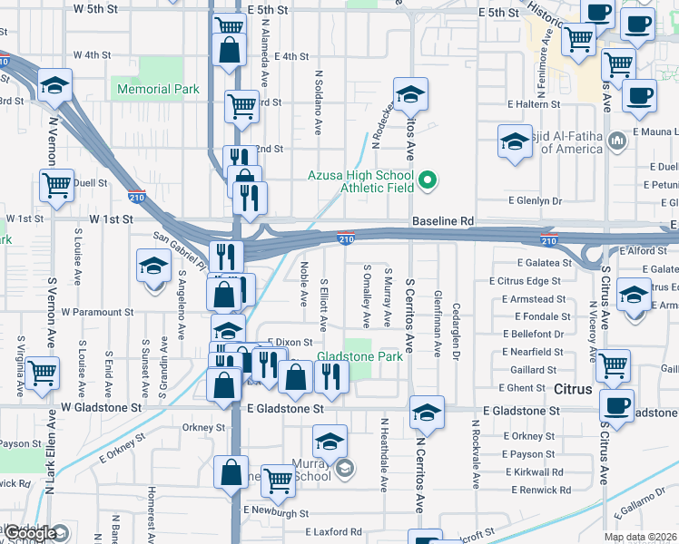 map of restaurants, bars, coffee shops, grocery stores, and more near 217 South Pasadena Avenue in Azusa