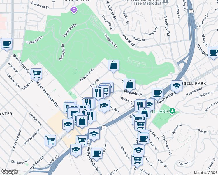 map of restaurants, bars, coffee shops, grocery stores, and more near 3405 1/2 Fletcher Drive in Los Angeles