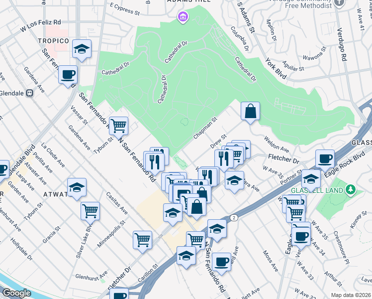 map of restaurants, bars, coffee shops, grocery stores, and more near 3205 Drew Street in Los Angeles