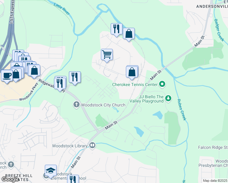 map of restaurants, bars, coffee shops, grocery stores, and more near 1053 Knoxboro Lane in Woodstock
