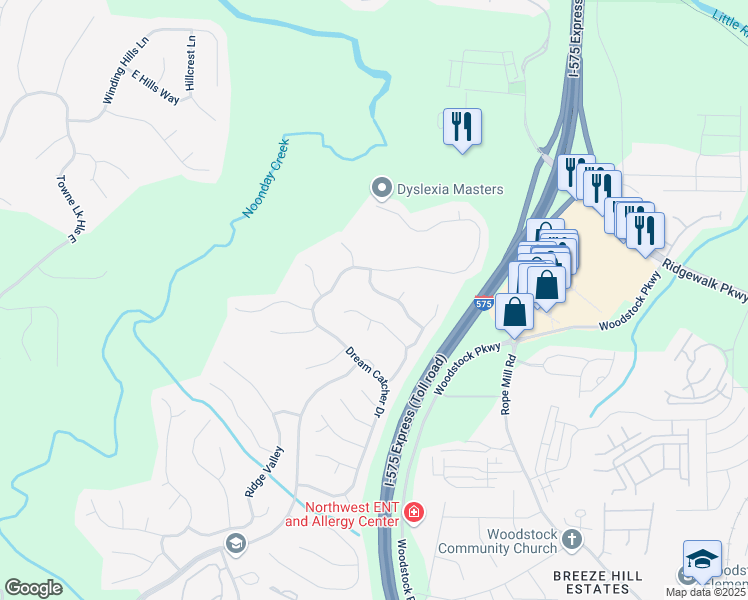 map of restaurants, bars, coffee shops, grocery stores, and more near 608 Ridge Crossing Drive in Woodstock