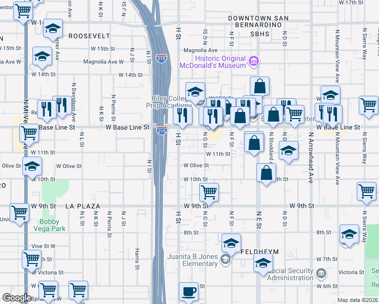 map of restaurants, bars, coffee shops, grocery stores, and more near 758 West 11th Street in San Bernardino