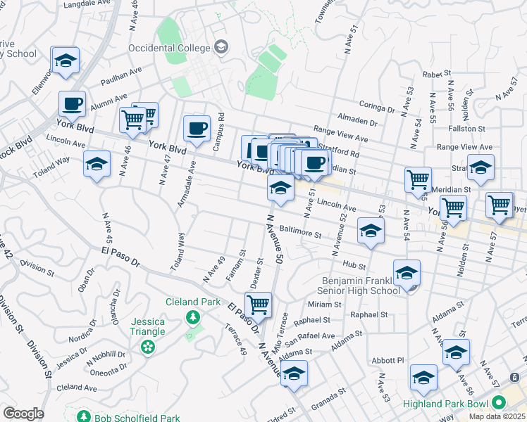 map of restaurants, bars, coffee shops, grocery stores, and more near 4948 Buchanan Street in Los Angeles