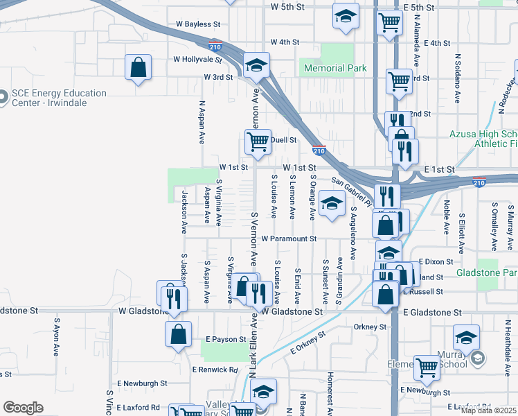 map of restaurants, bars, coffee shops, grocery stores, and more near 206 South Vernon Avenue in Azusa