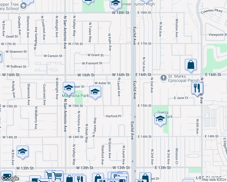 map of restaurants, bars, coffee shops, grocery stores, and more near 1548 North Columbine Way in Upland