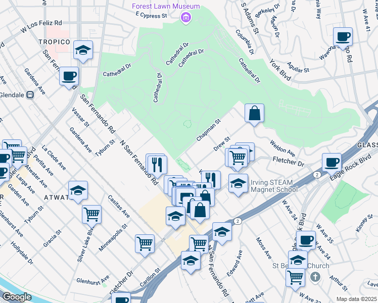 map of restaurants, bars, coffee shops, grocery stores, and more near 3245 West Avenue 32 in Los Angeles