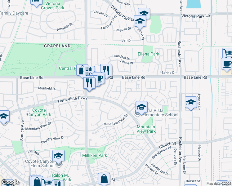 map of restaurants, bars, coffee shops, grocery stores, and more near 7353 Ellena West in Rancho Cucamonga