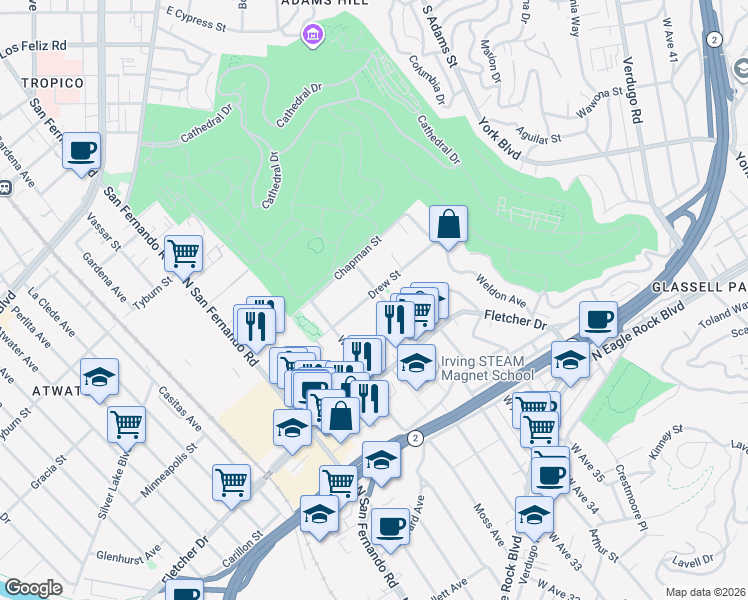 map of restaurants, bars, coffee shops, grocery stores, and more near 3260 Drew Street in Los Angeles