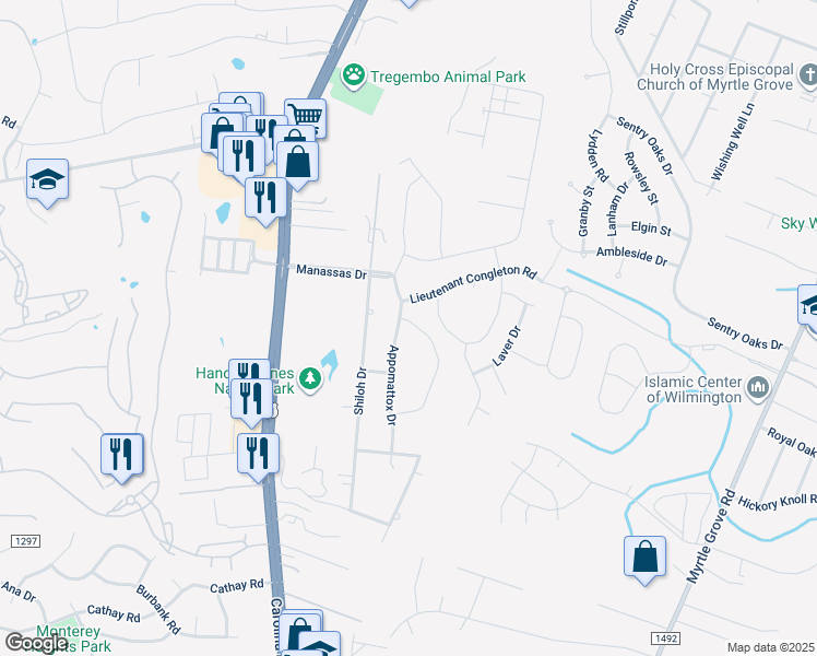 map of restaurants, bars, coffee shops, grocery stores, and more near 704 Liberty Landing Way in Wilmington