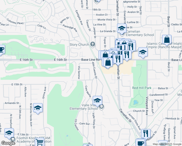 map of restaurants, bars, coffee shops, grocery stores, and more near 7405 Vía Paraiso in Rancho Cucamonga