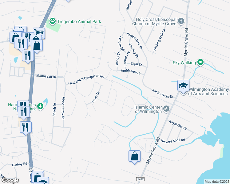 map of restaurants, bars, coffee shops, grocery stores, and more near 6175 Meadowgrove Loop in Wilmington