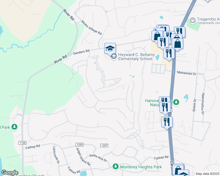 map of restaurants, bars, coffee shops, grocery stores, and more near 6220 Riverwoods Drive in Wilmington