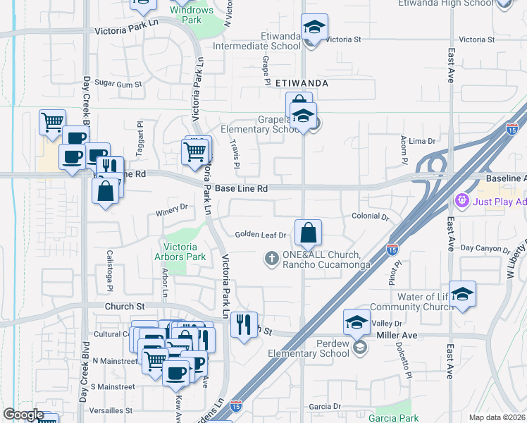 map of restaurants, bars, coffee shops, grocery stores, and more near 12794 Mosaic Drive in Rancho Cucamonga
