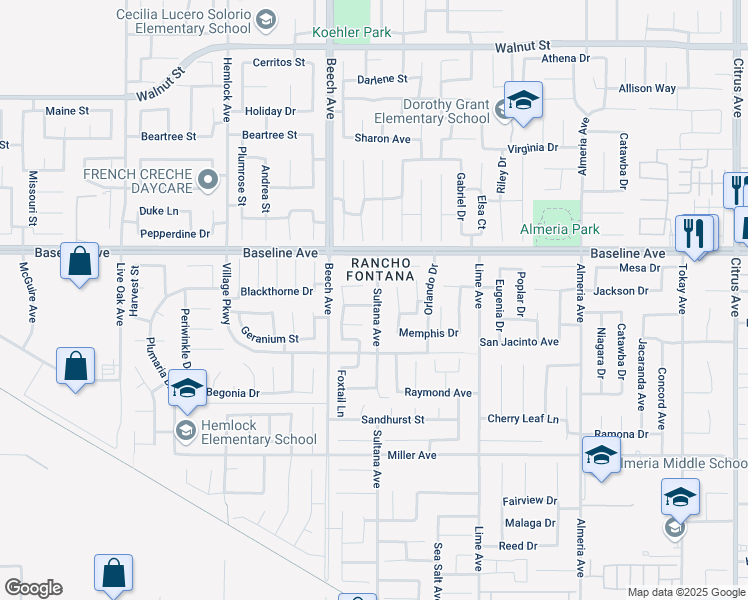 map of restaurants, bars, coffee shops, grocery stores, and more near 15378 Twinberry Court in Fontana