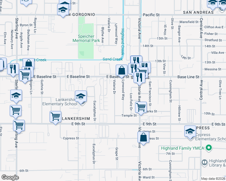 map of restaurants, bars, coffee shops, grocery stores, and more near 7429 Valaria Drive in Highland