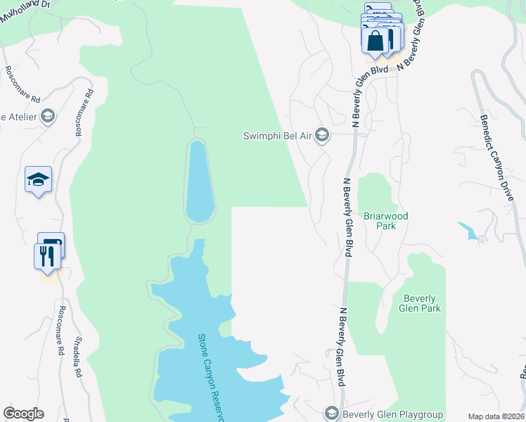 map of restaurants, bars, coffee shops, grocery stores, and more near Dellwood Lane in Los Angeles