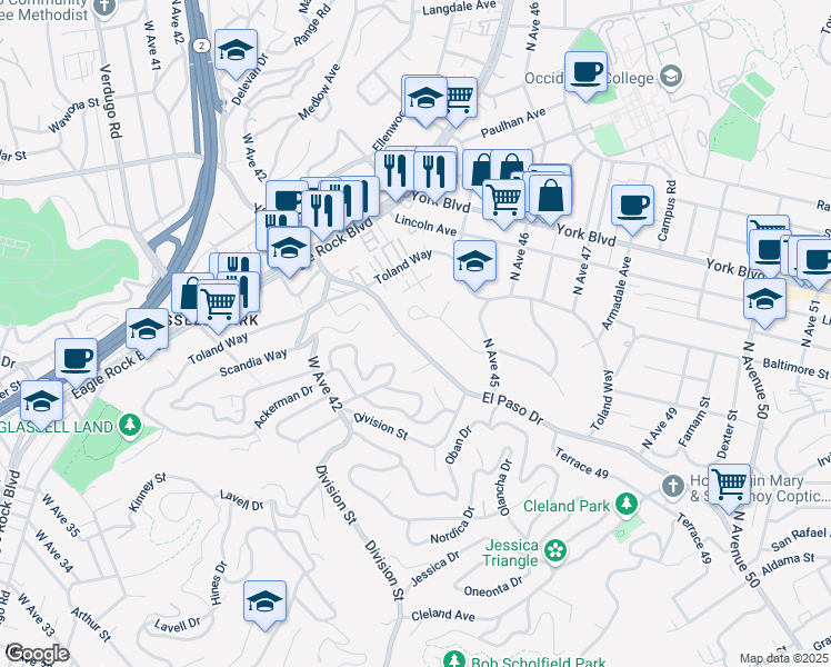 map of restaurants, bars, coffee shops, grocery stores, and more near 4308 Scandia Way in Los Angeles